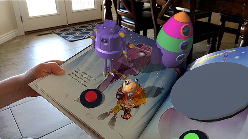 A robot and rocket rising out of a Marvelous Machines page